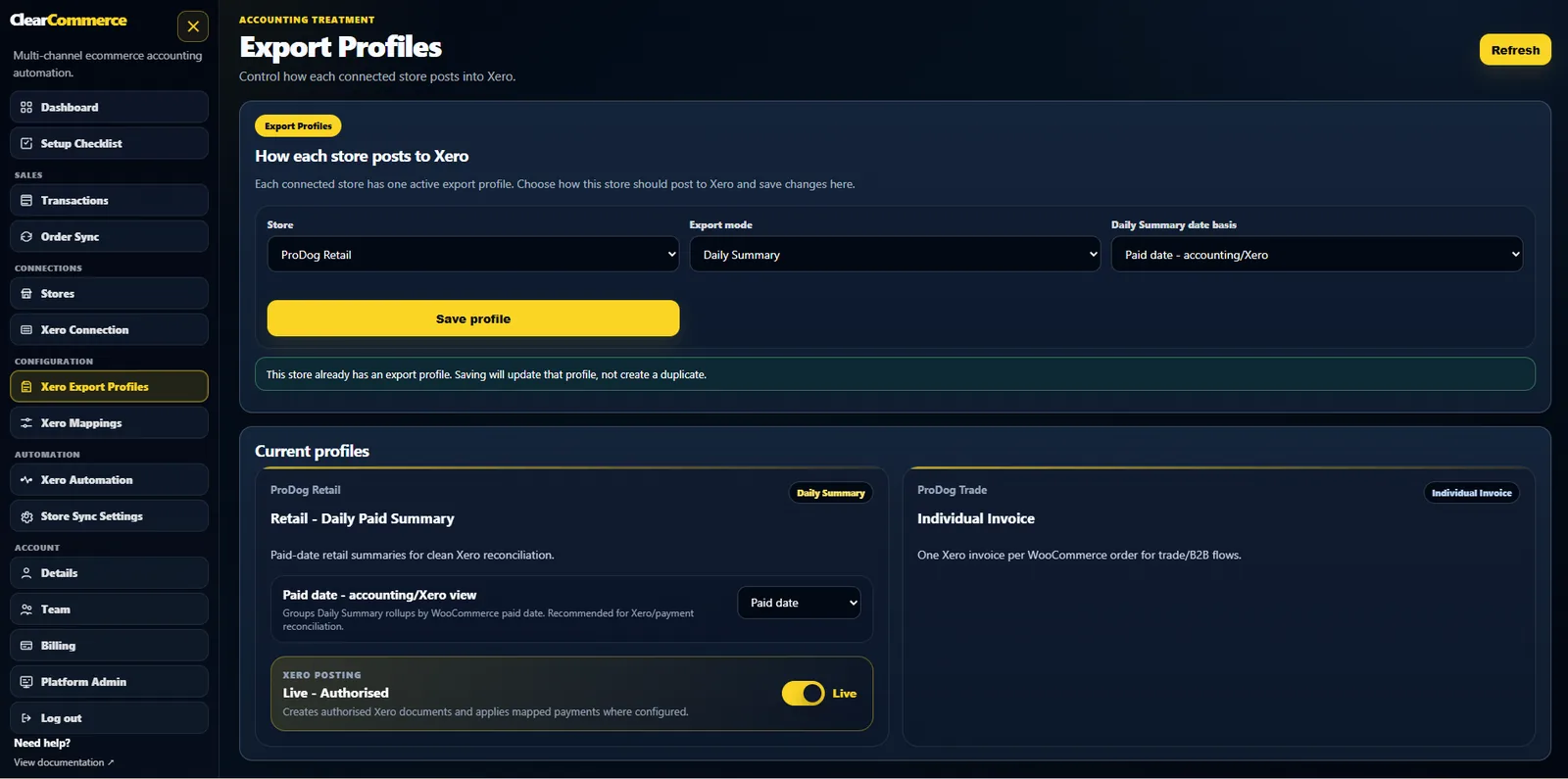 ClearCommerce export profiles for WooCommerce to Xero