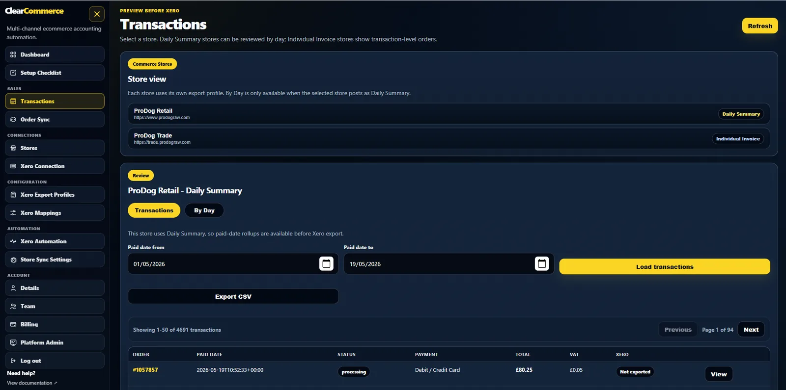 ClearCommerce transaction workspace showing WooCommerce daily sales summaries